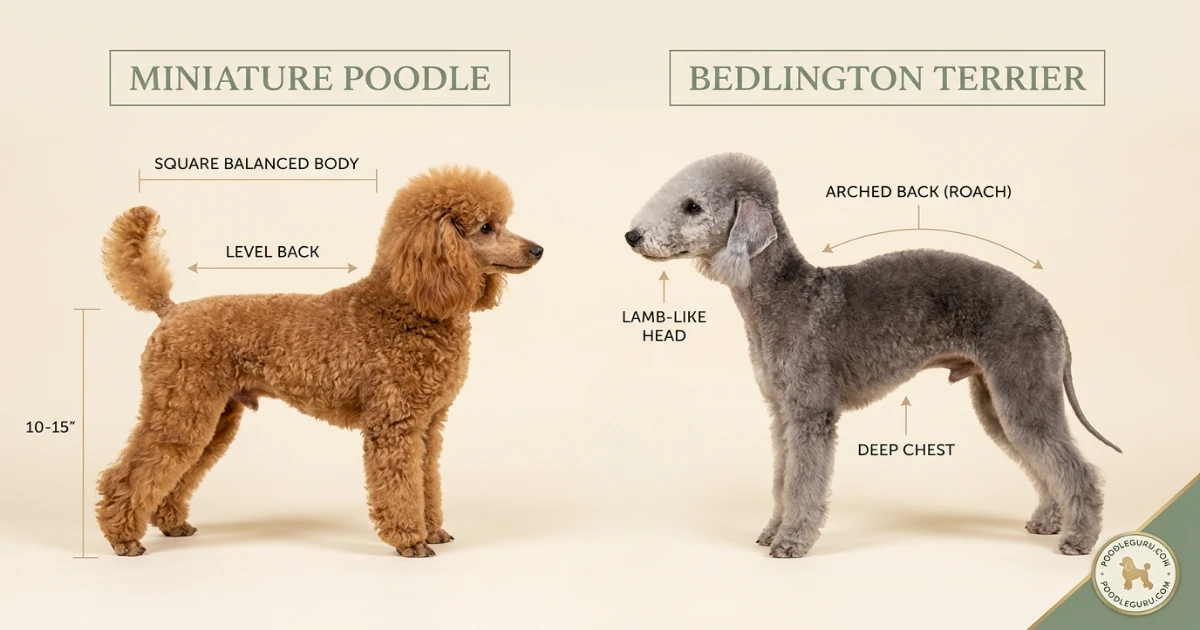 Poodle vs Bedlington Terrier side profile comparison showing body structure differences