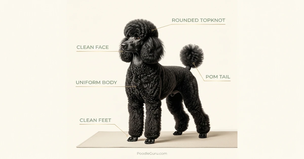 Diagram of poodle modern clip zones: face, topknot, body, feet, and tail