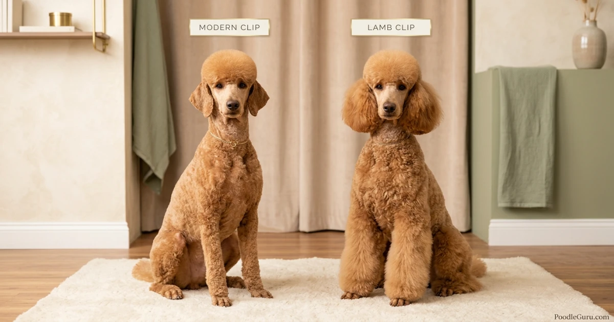 Side-by-side comparison of a poodle in a modern clip versus a lamb clip showing leg and body differences
