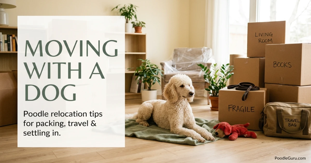 Moving with a dog guide showing a calm Standard Poodle beside moving boxes