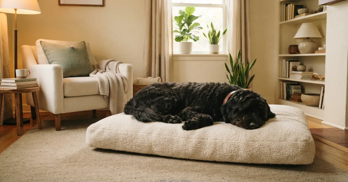 Newfypoo resting on oversized dog bed in a bright living room