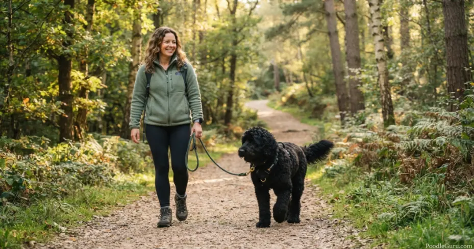 Newfypoo walking calmly on leash beside owner on a wooded trail