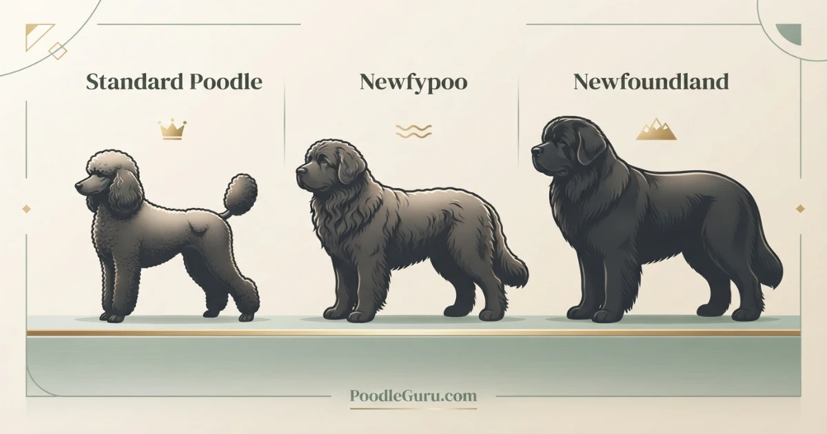 Silhouette comparison of Standard Poodle Newfypoo and Newfoundland sizes