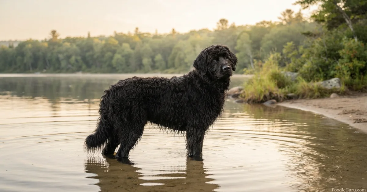 Newfypoo with wavy black coat standing safely in a calm lake