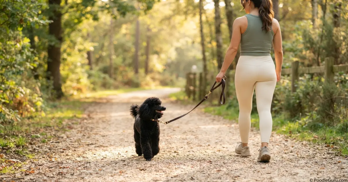 Miniature Poodle walking on leash for safe weight management exercise
