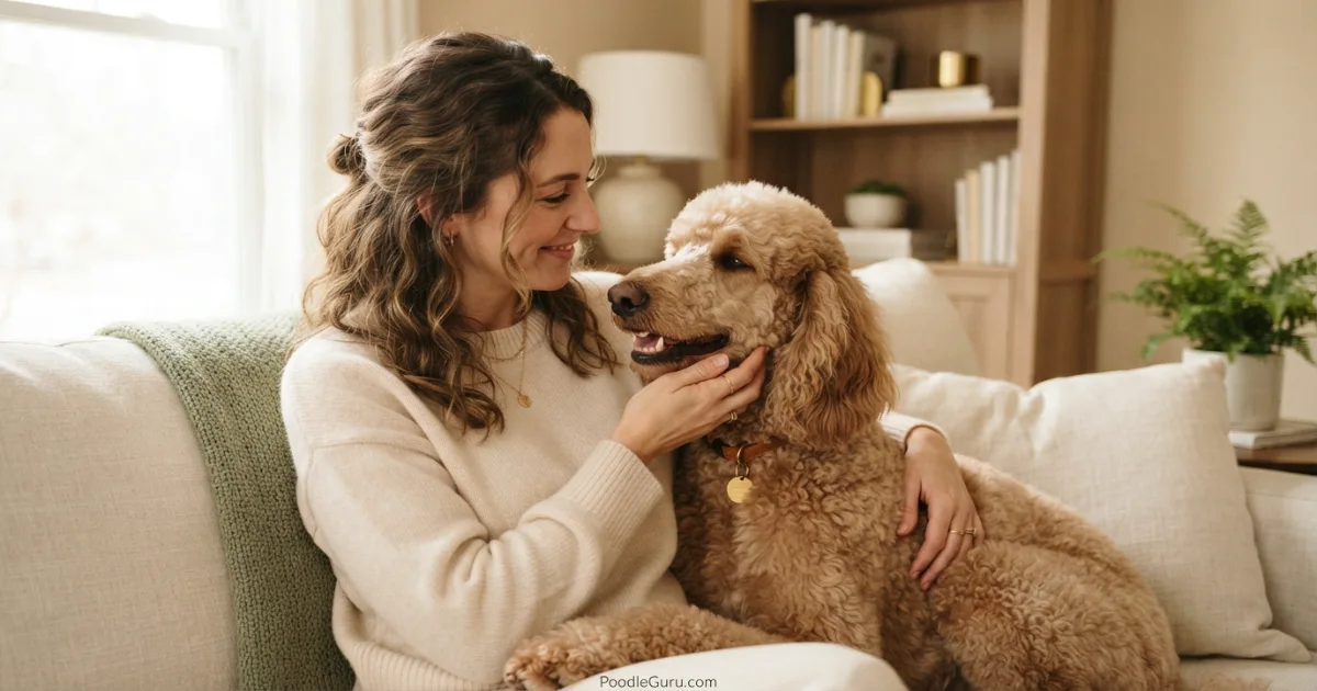 Owner gently bonding with a calm poodle using relaxed consent-based touch