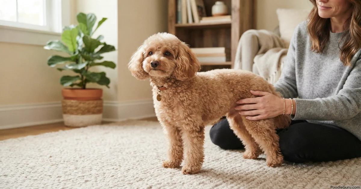 Owner gently palpating Miniature Poodle's hip to assess for arthritis discomfort