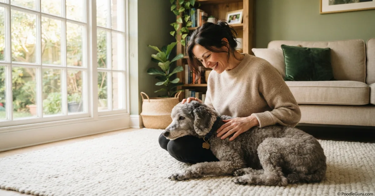 Owner gently comforting a senior Poodle with dementia symptoms