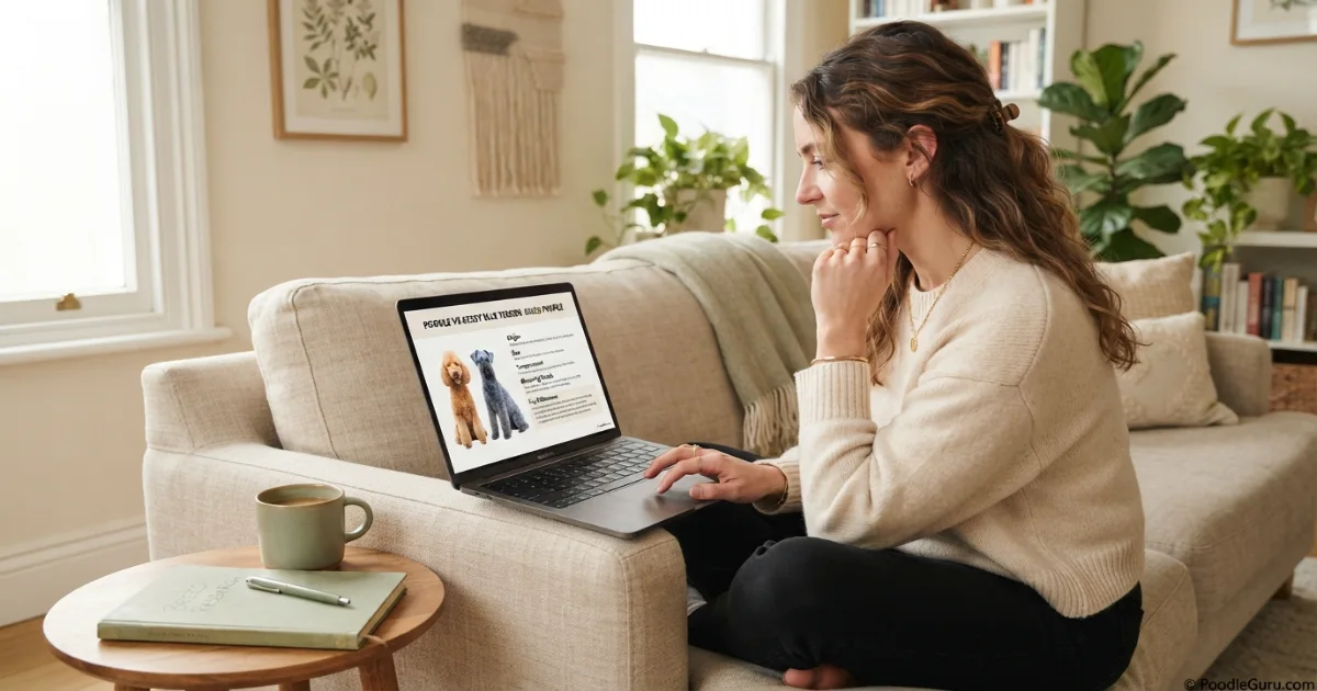 Owner researching poodle vs Kerry Blue Terrier comparison on laptop at home