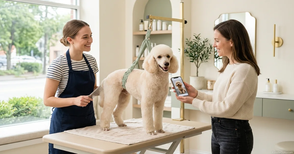 Poodle owner showing a reference photo of a modern clip to a groomer in a salon
