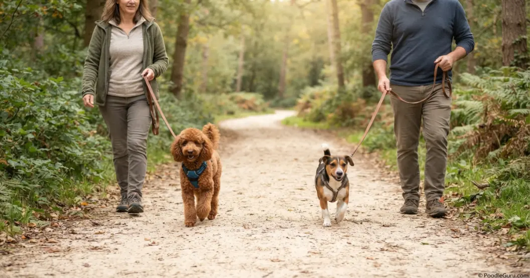 Poodle and another dog walking parallel at a safe distance during a controlled introduction