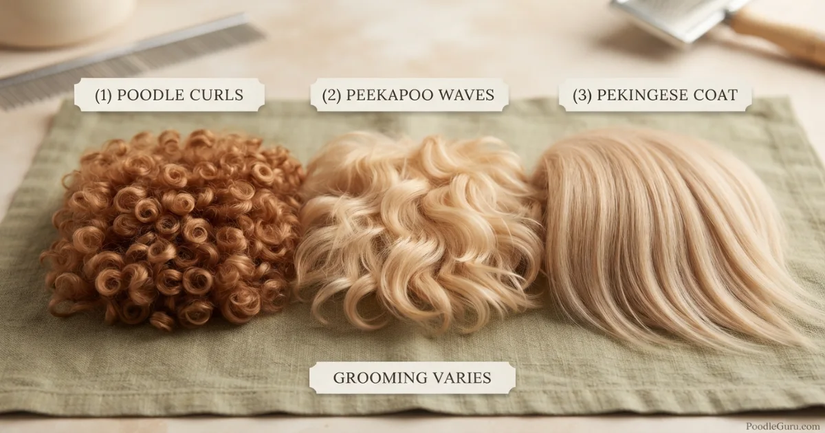 Peekapoo coat types compared with Poodle curls and Pekingese straight coat texture