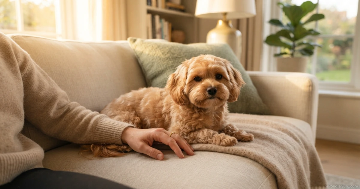 Peekapoo sitting calmly beside owner on cream sofa as companion dog