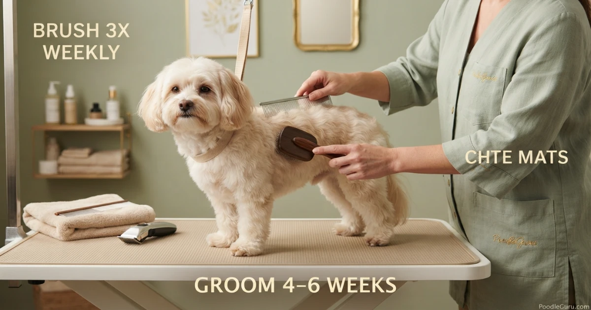 Peekapoo being gently brushed during grooming routine