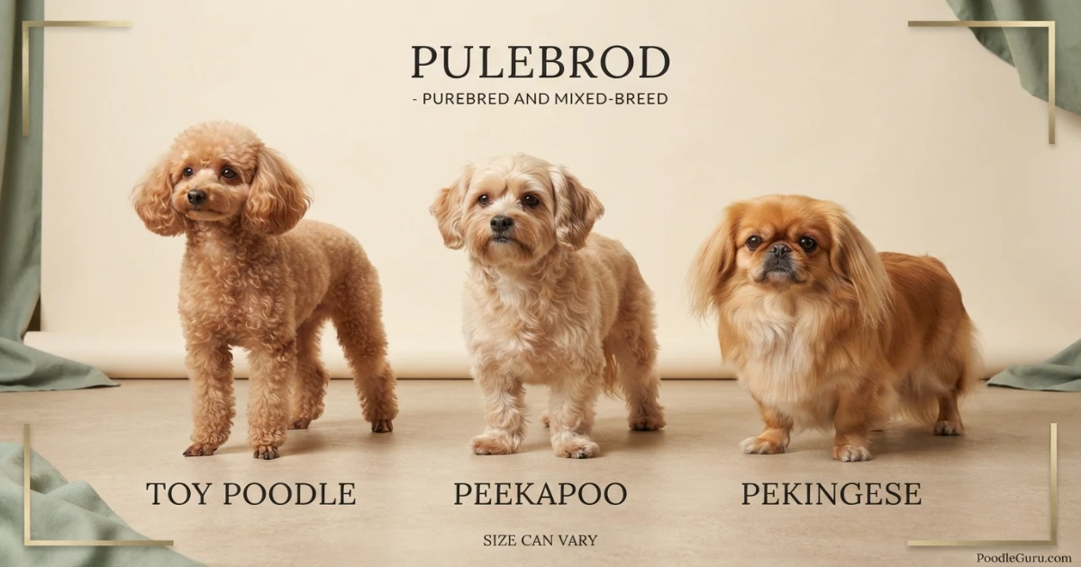 Toy Poodle Peekapoo and Pekingese side-by-side size comparison