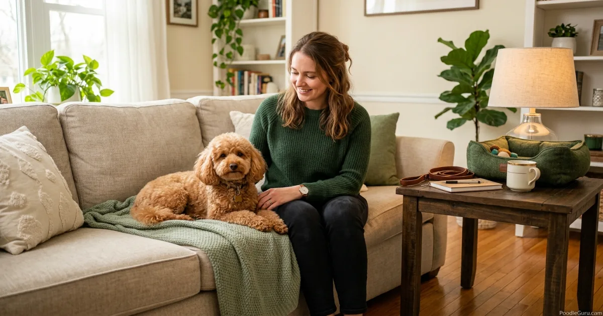 Professional pet sitter with a relaxed toy poodle in a home setting