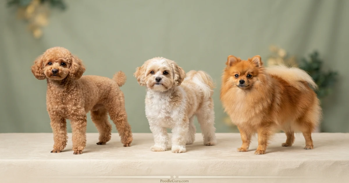 Three Pomapoos showing curly, wavy, and straight coat variations in a studio comparison