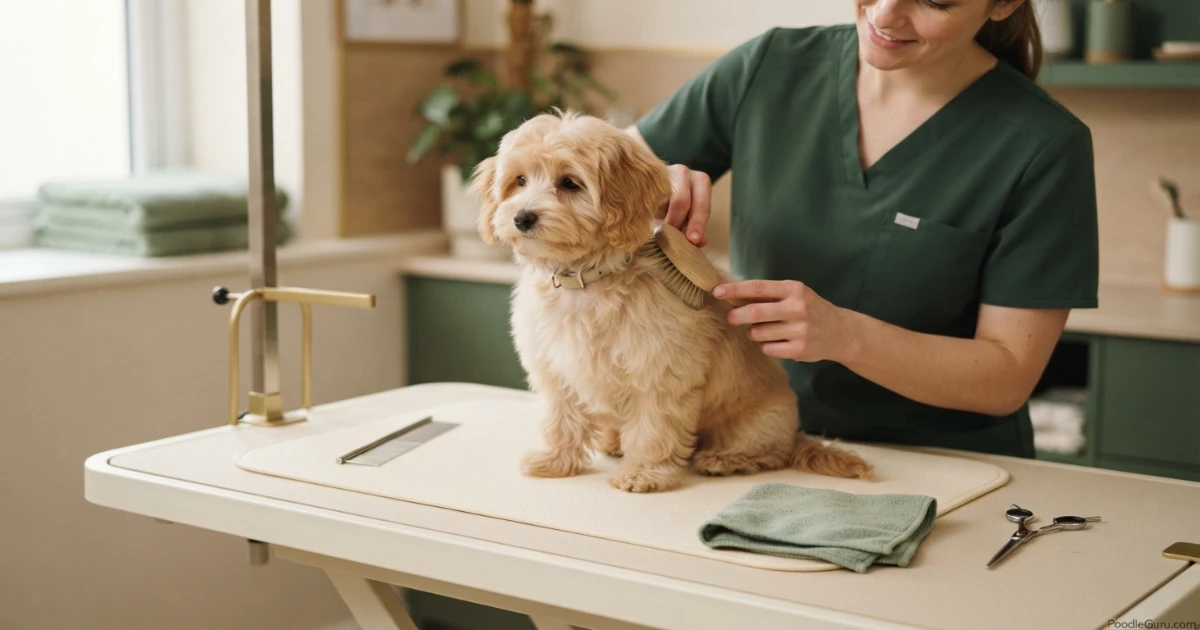 Pomapoo being brushed with a slicker brush on a grooming table with comb and towel nearby
