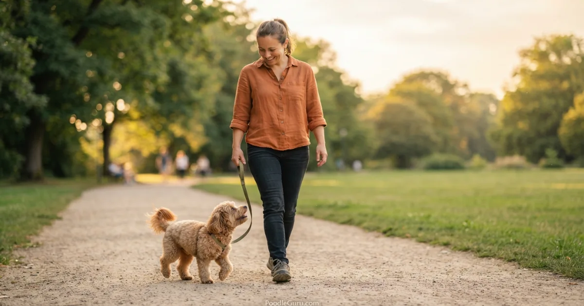 Pomapoo walking on leash looking up at owner during golden hour in a park