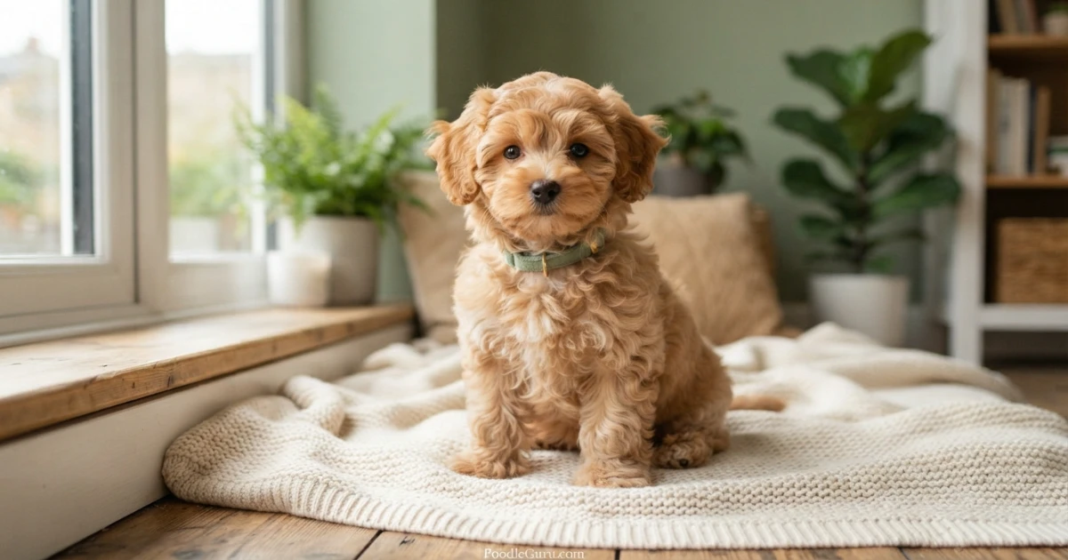 Ten-week-old Pomapoo puppy sitting on a cream blanket in natural window light