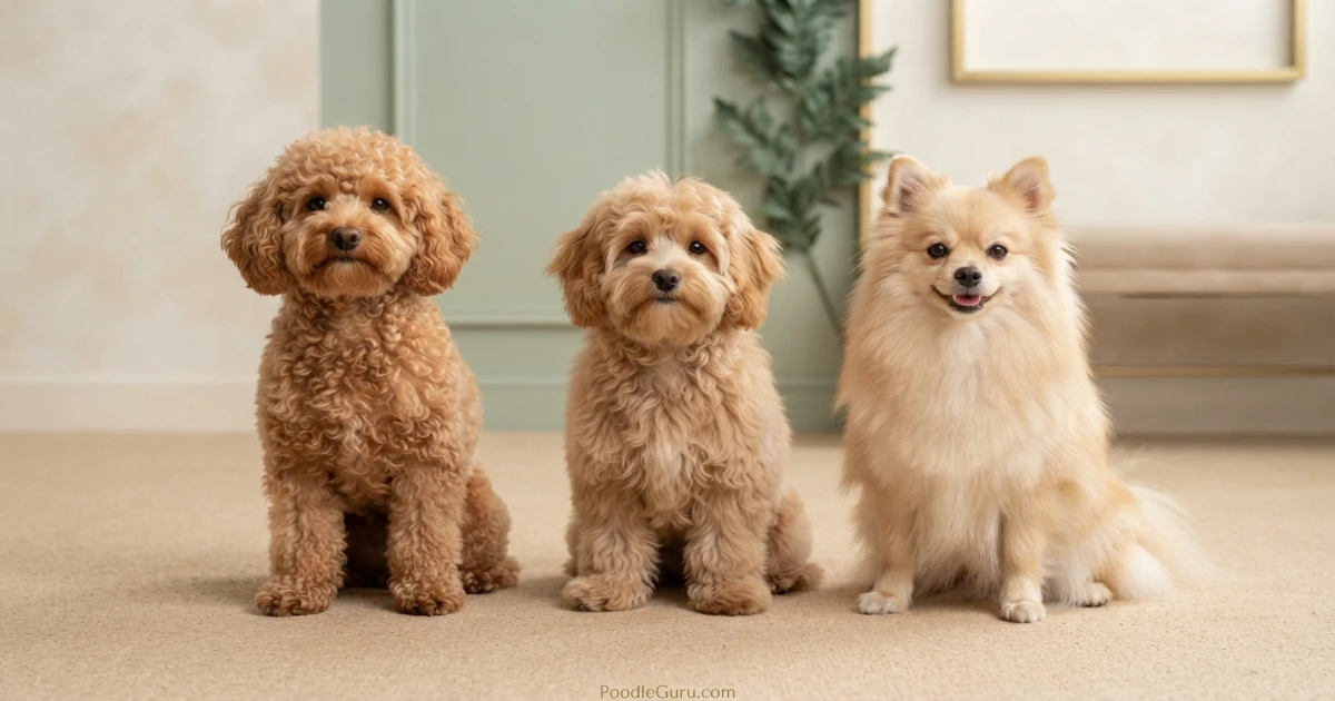 Toy Poodle, Pomapoo, and Pomeranian standing side by side for size and build comparison