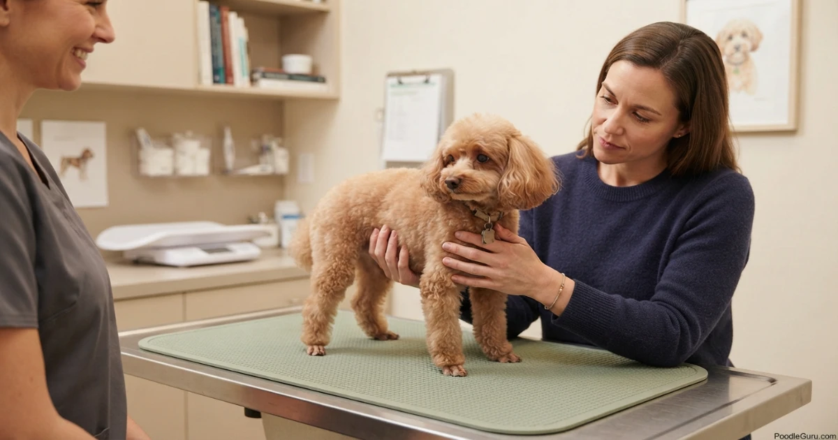 Owner checking a Miniature Poodle for abdominal tenderness — key poodle pancreatitis symptoms assessment