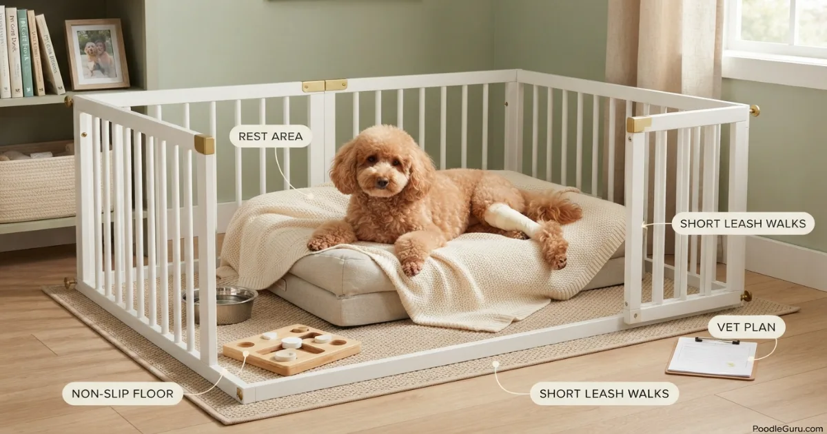 Poodle ACL recovery pen with orthopedic bed non-slip mat and puzzle toy