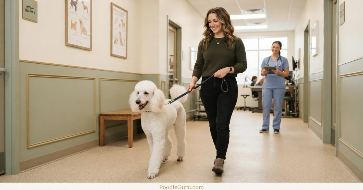 Poodle walking on leash during veterinary recheck after ACL recovery