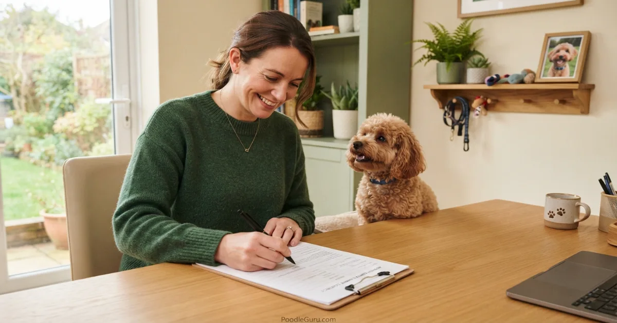New owner signing poodle adoption papers, making the poodle adoption cost official