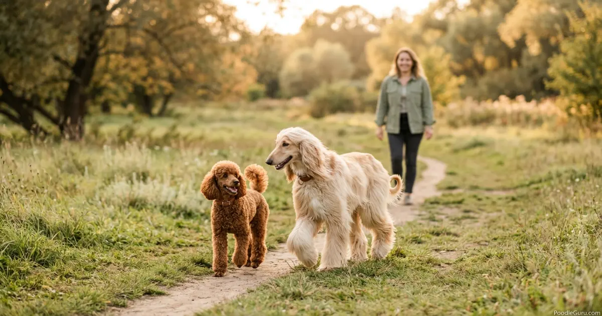 Miniature Poodle and Afghan Hound walking together in a sunny park