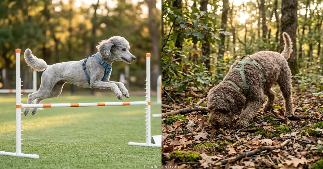 Poodle vs Lagotto Romagnolo activity comparison with silver Poodle agility and Lagotto scent work