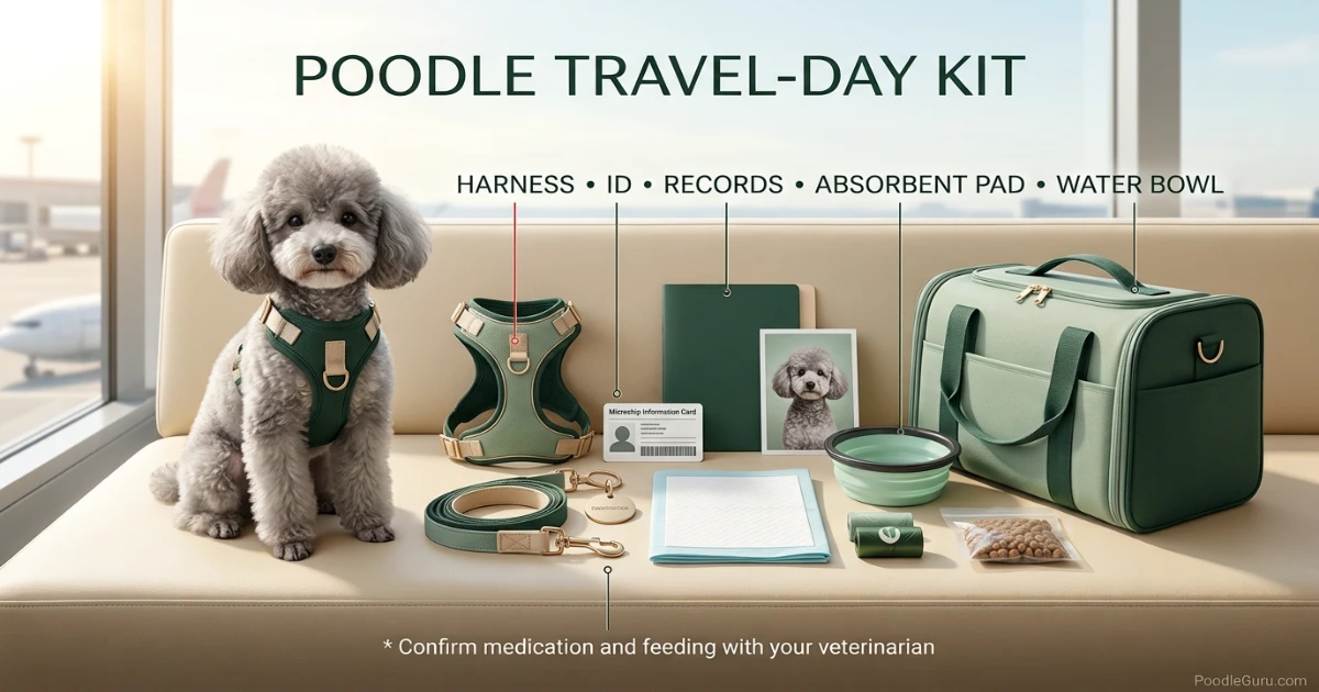 Poodle air travel safety kit with harness identification absorbent pad water bowl and health records