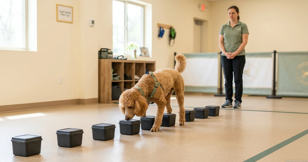 Standard Poodle searching identical containers during AKC-style scent work trial practice