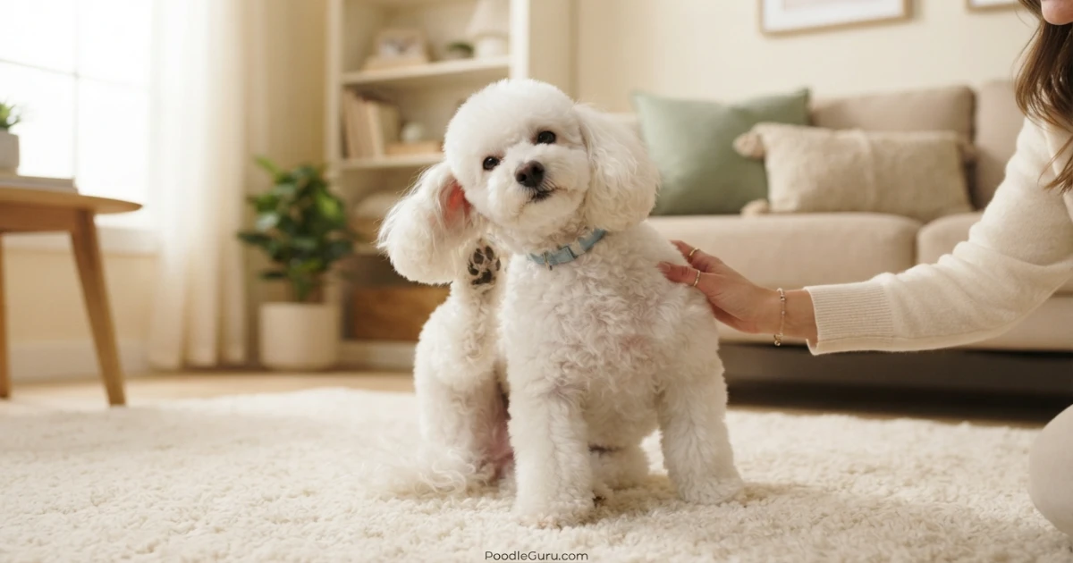 Poodle scratching ear showing possible food allergy symptoms