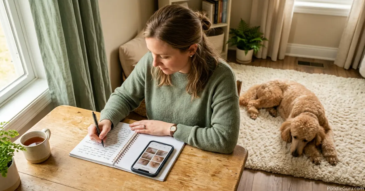 Owner tracking poodle skin allergy symptoms in a journal — systematic observation is key to identifying triggers