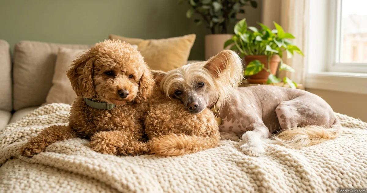 Toy Poodle and Chinese Crested resting together on a blanket illustrating companionship