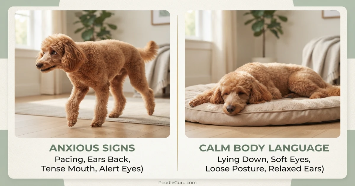 Anxious poodle body language compared with calm relaxed poodle posture