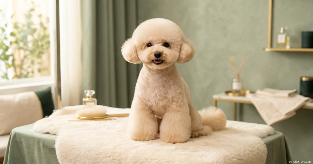 Toy Poodle with a classic Asian Fusion cut featuring a round head and flared legs