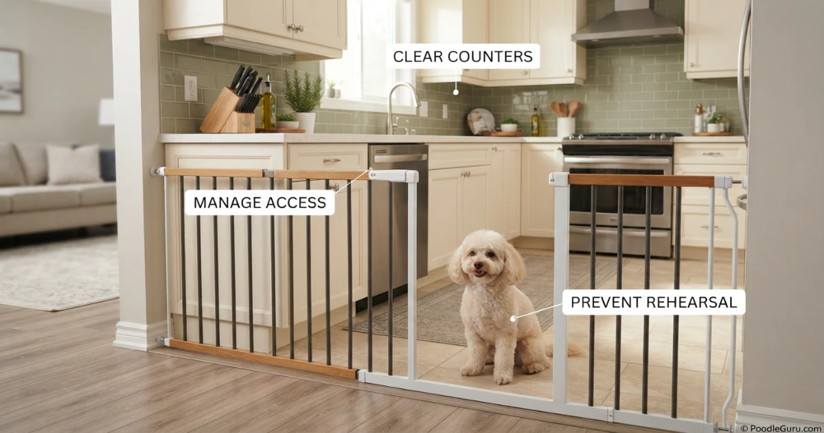 Poodle behind baby gate for kitchen counter surfing prevention