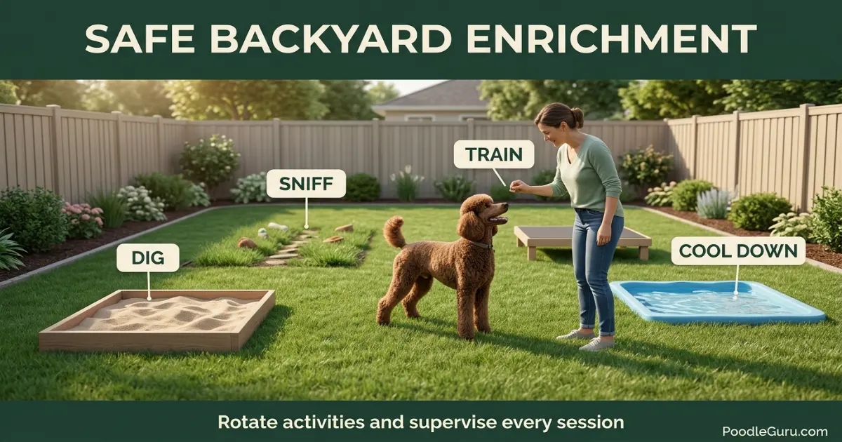 Poodle backyard enrichment with a dig box scent trail low platform and supervised water play