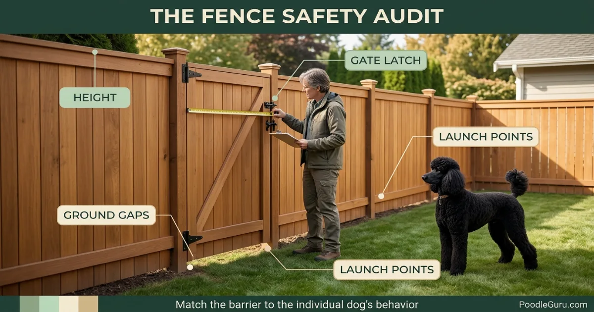 Owner inspecting a secure Poodle backyard fence gate gaps and ground line