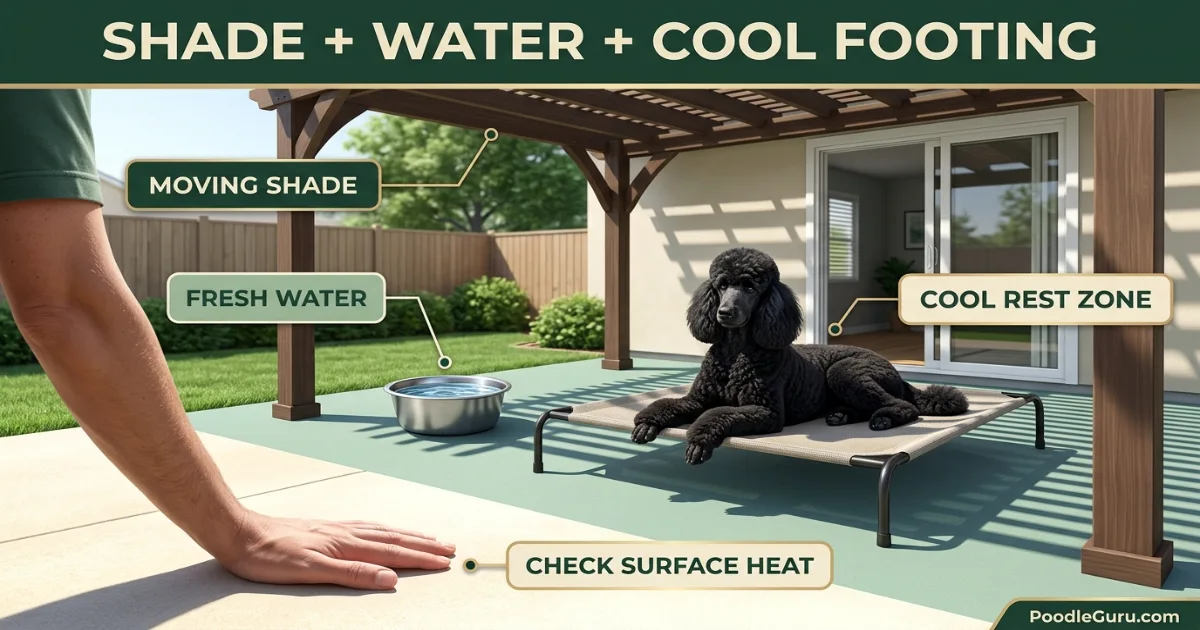 Dark Standard Poodle resting in backyard shade beside fresh water and a cool surface