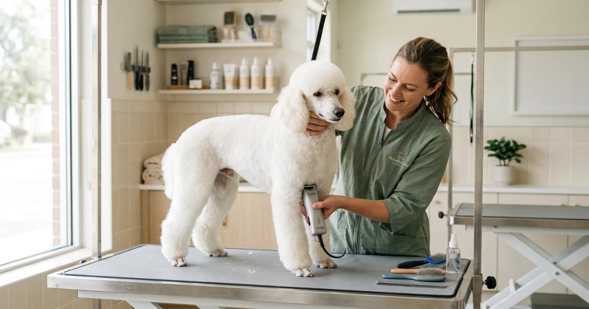 Professional groomer clipping a white Standard Poodle's coat