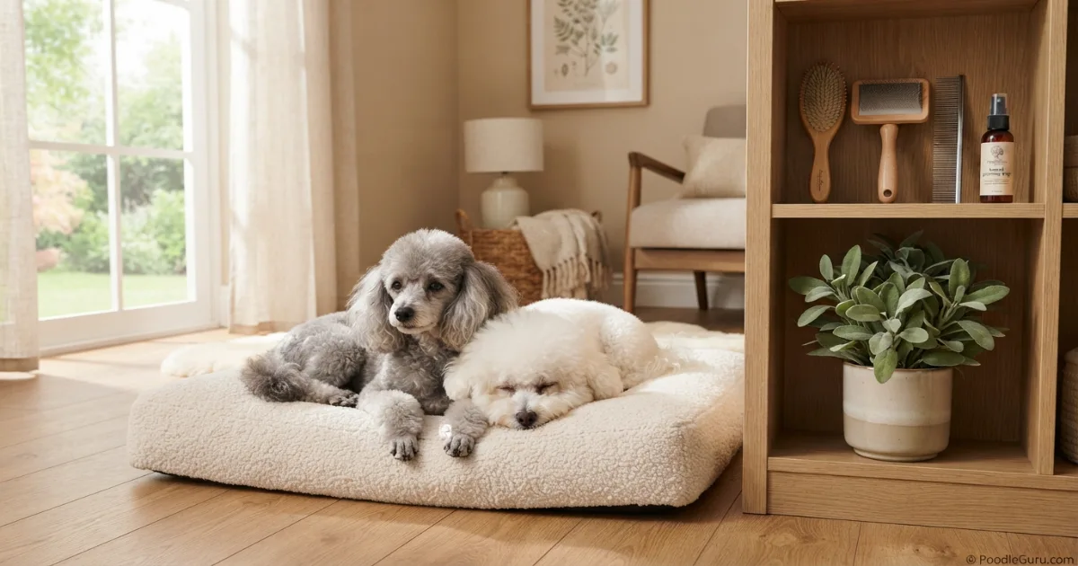 Poodle and Bichon Frise home routine lifestyle with grooming tools in a calm PoodleGuru setting