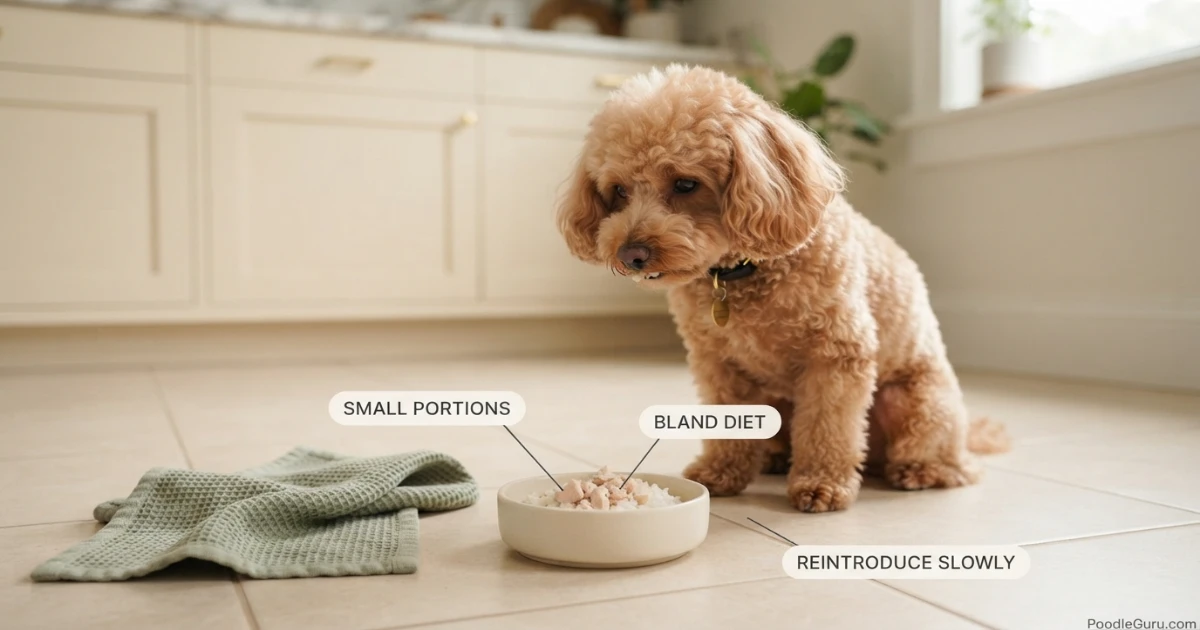 Toy Poodle eating a small portion of bland diet after vomiting to aid gentle recovery from poodle vomiting causes