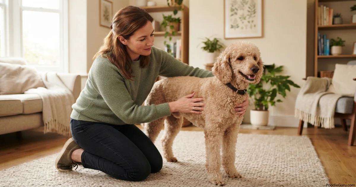 Owner performing body condition check on poodle for weight loss assessment