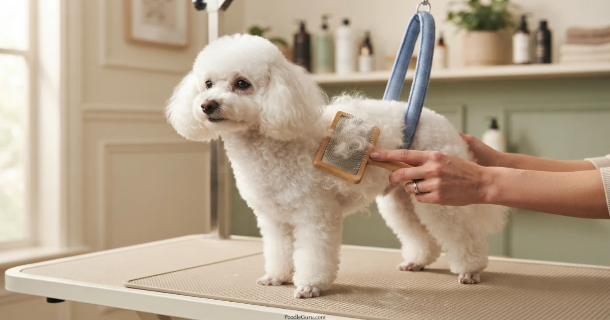 Miniature Poodle being brushed, showing loose curly hair that can be ingested