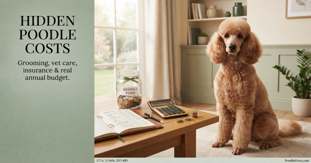 Hidden costs of owning a Poodle budget setup with Standard Poodle, savings jar, notebook, and calculator