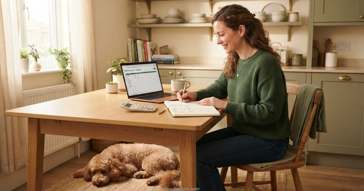 Owner planning hidden costs of owning a Poodle with laptop calculator and notebook