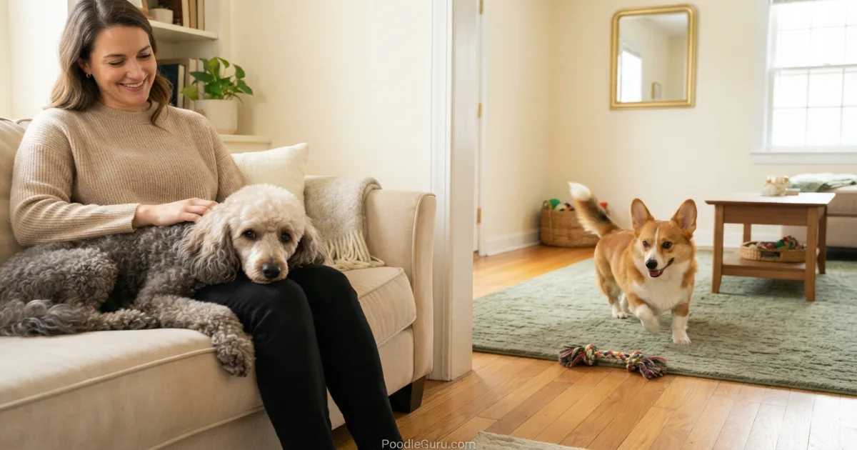 Poodle resting calmly and Corgi playing with toy, illustrating temperament differences poodle vs corgi